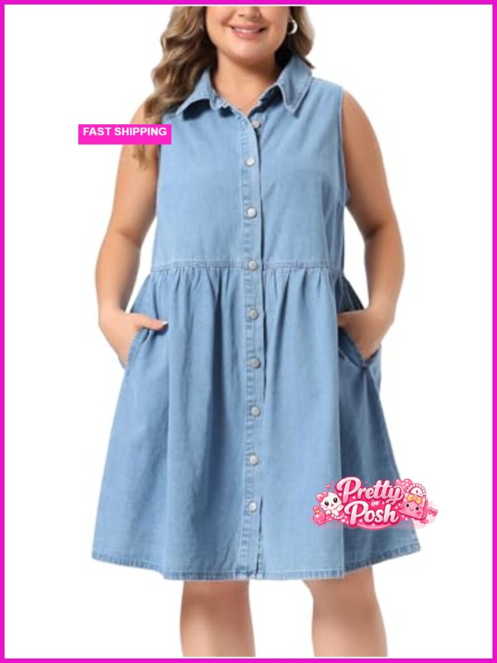 Sleeveless Button Down Babydoll Midi Jean Dress Plus Size